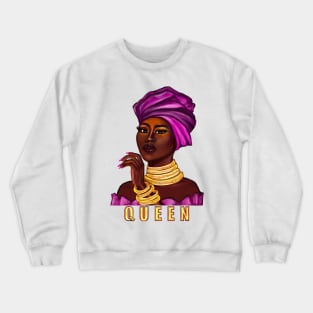 Queen - yass queen - Black is beautiful black girl with Gold bangles, neck ring necklace, purple dress and head wrap, brown eyes and dark brown skin ! Crewneck Sweatshirt